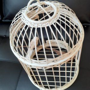 18" Vintage Painted White Wicker Bird Cage & Bird